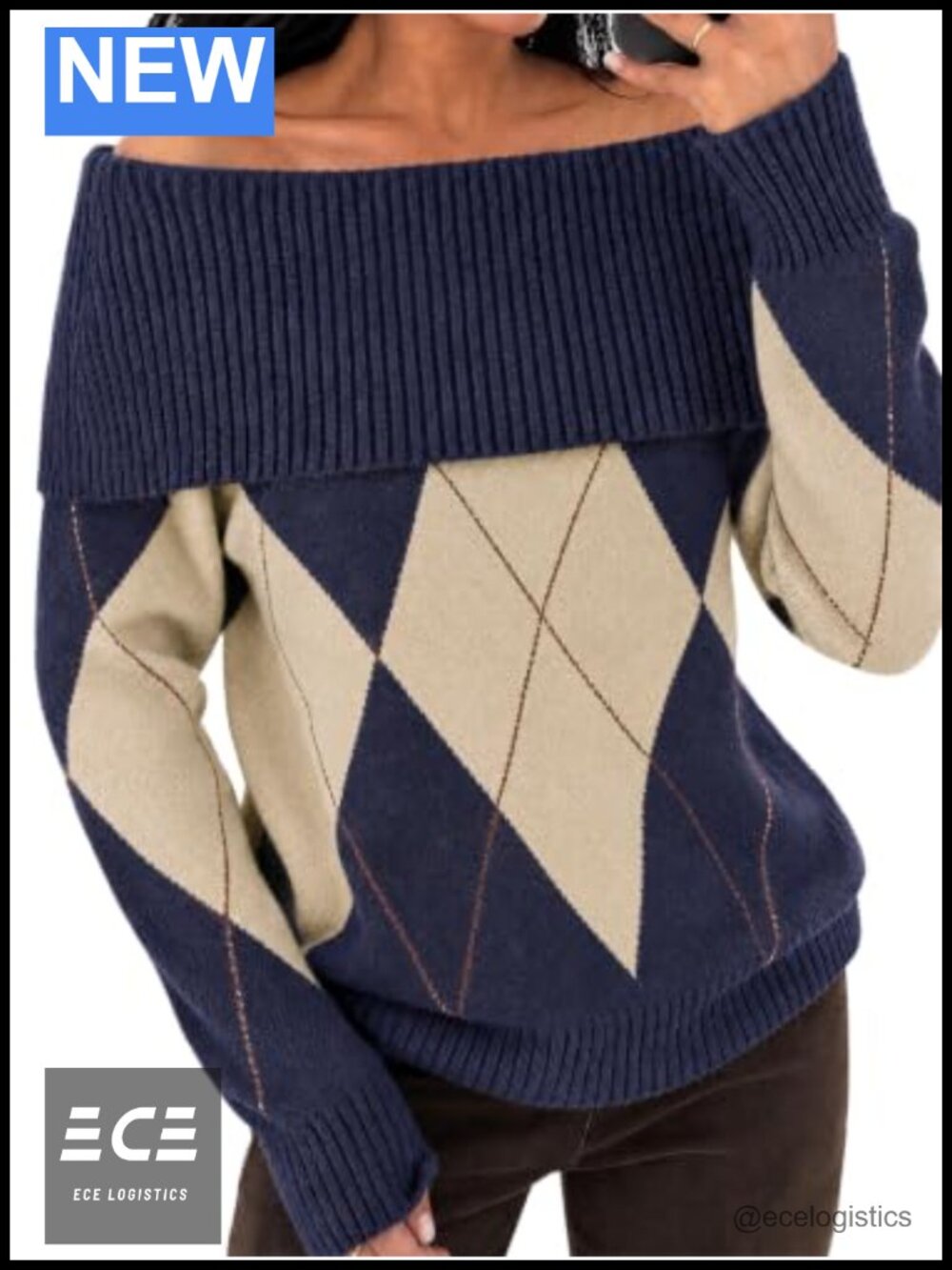 Off the Shoulder Argyle Sweater Loose Fit Chunky Knit Pullover